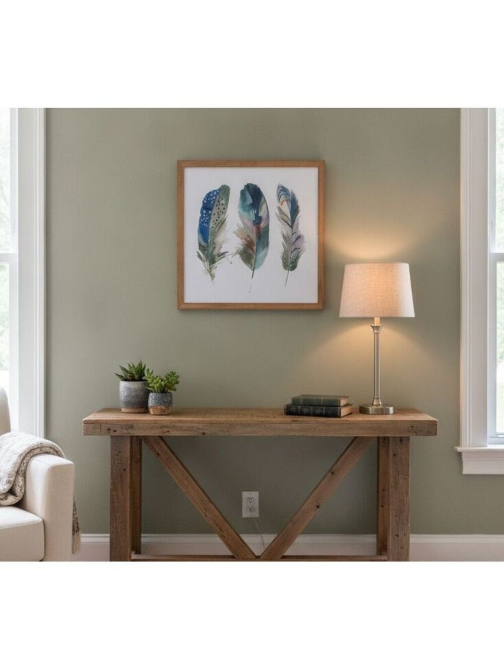Framed Watercolor Feather Wall Art Print | Blue Green Boho Decor